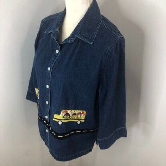 Bechamel Petites Womens Denim Button Shirt Jacket Sz PM School Bus Embroidered - Picture 4 of 12